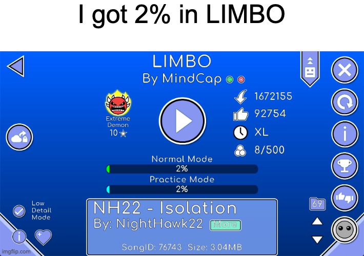 :) | I got 2% in LIMBO | image tagged in dive,geometry dash | made w/ Imgflip meme maker