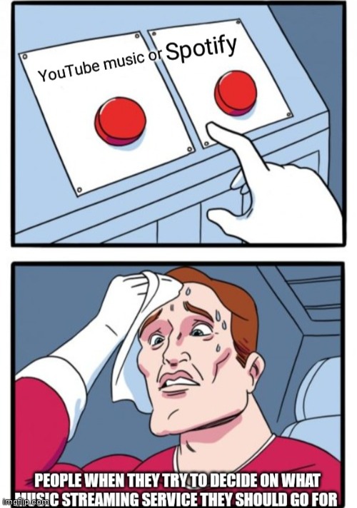 I'd say Spotify but y'all do y'all | image tagged in music streaming services,which one should people go for,spotify vs youtube music,music memes,spotify or youtube music | made w/ Imgflip meme maker