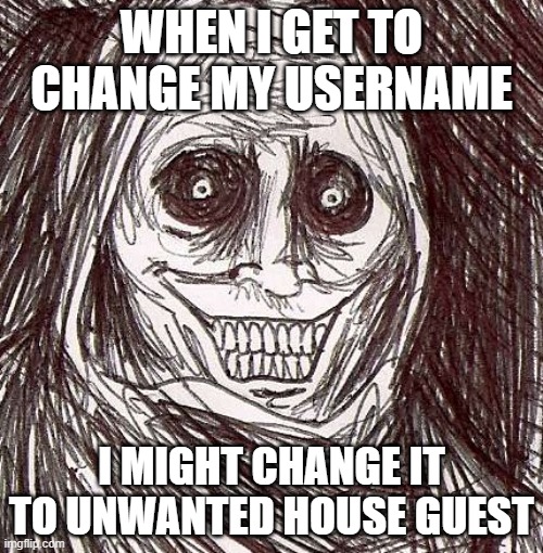 Unwanted House Guest Meme | WHEN I GET TO CHANGE MY USERNAME; I MIGHT CHANGE IT TO UNWANTED HOUSE GUEST | image tagged in memes,unwanted house guest | made w/ Imgflip meme maker