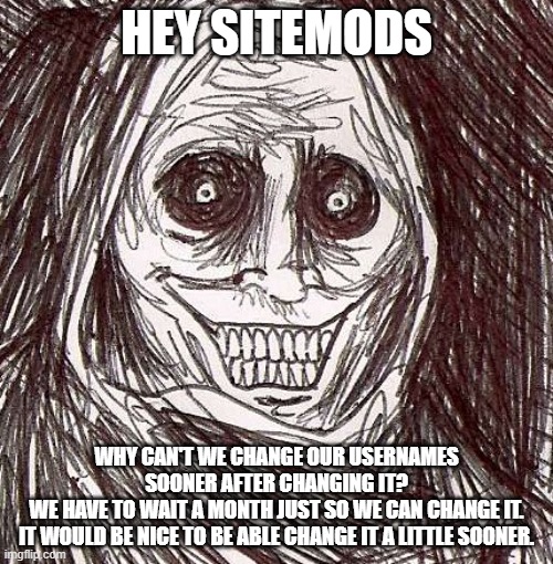 Unwanted House Guest Meme | HEY SITEMODS; WHY CAN'T WE CHANGE OUR USERNAMES SOONER AFTER CHANGING IT?
WE HAVE TO WAIT A MONTH JUST SO WE CAN CHANGE IT.
IT WOULD BE NICE TO BE ABLE CHANGE IT A LITTLE SOONER. | image tagged in memes,unwanted house guest | made w/ Imgflip meme maker