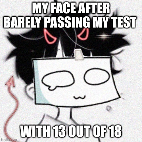 test meme | MY FACE AFTER BARELY PASSING MY TEST; WITH 13 OUT OF 18 | image tagged in relatable memes | made w/ Imgflip meme maker