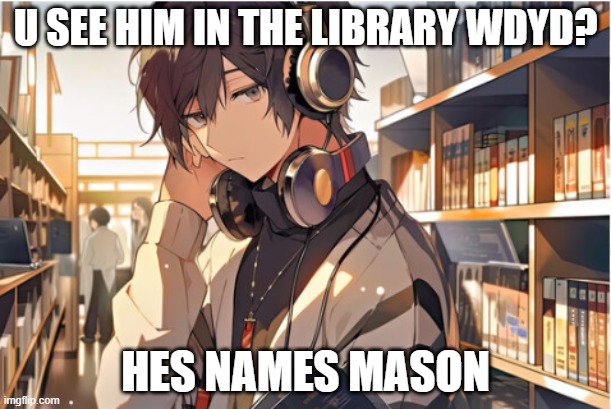 no joke | no making fun of | romance rp, loves hugs and reading | U SEE HIM IN THE LIBRARY WDYD? HES NAMES MASON | made w/ Imgflip meme maker