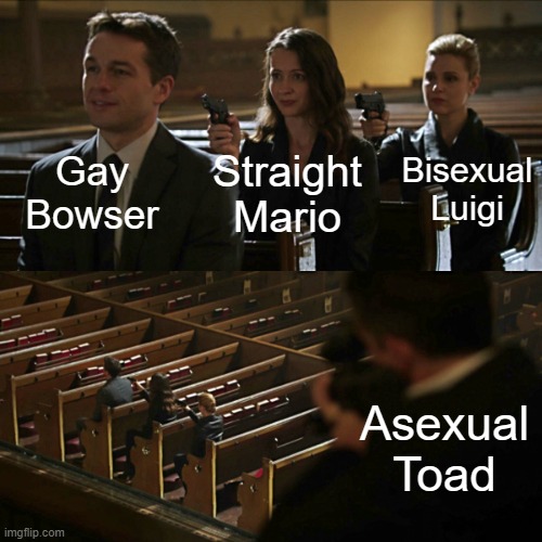 Assassination chain | Gay Bowser; Bisexual Luigi; Straight Mario; Asexual Toad | image tagged in assassination chain | made w/ Imgflip meme maker