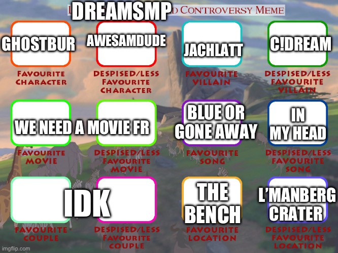 Inspired by raccoon all my takes on dsmp | DREAMSMP; AWESAMDUDE; C!DREAM; JACHLATT; GHOSTBUR; BLUE OR GONE AWAY; IN MY HEAD; WE NEED A MOVIE FR; THE BENCH; L’MANBERG CRATER; IDK | image tagged in dsmp,opinion | made w/ Imgflip meme maker