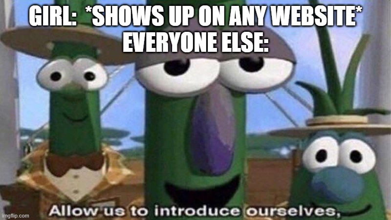It's a [lonely] man's world | EVERYONE ELSE:; GIRL:  *SHOWS UP ON ANY WEBSITE* | image tagged in veggietales 'allow us to introduce ourselfs' | made w/ Imgflip meme maker