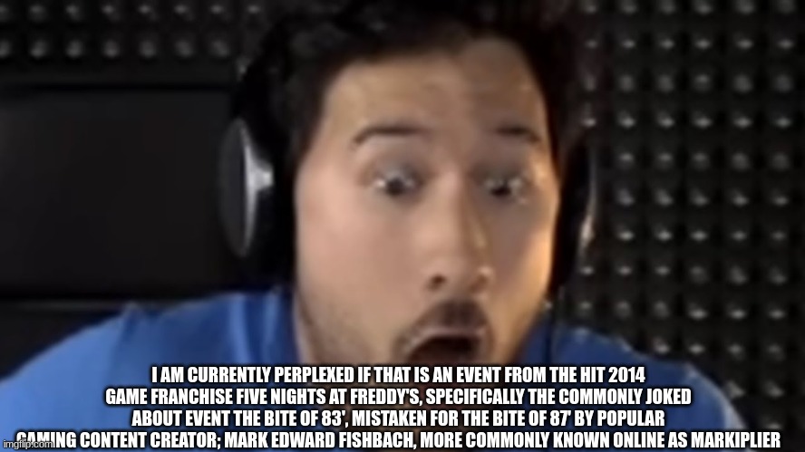 I AM CURRENTLY PERPLEXED IF THAT IS AN EVENT FROM THE HIT 2014 GAME FRANCHISE FIVE NIGHTS AT FREDDY'S, SPECIFICALLY THE COMMONLY | I AM CURRENTLY PERPLEXED IF THAT IS AN EVENT FROM THE HIT 2014 GAME FRANCHISE FIVE NIGHTS AT FREDDY'S, SPECIFICALLY THE COMMONLY JOKED ABOUT EVENT THE BITE OF 83', MISTAKEN FOR THE BITE OF 87' BY POPULAR GAMING CONTENT CREATOR; MARK EDWARD FISHBACH, MORE COMMONLY KNOWN ONLINE AS MARKIPLIER | image tagged in was that the bite of '87 | made w/ Imgflip meme maker