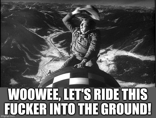 Slim Pickens Dr Strangelove | WOOWEE, LET'S RIDE THIS
FUCKER INTO THE GROUND! | image tagged in slim pickens dr strangelove | made w/ Imgflip meme maker