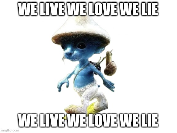 Smurf Cat | WE LIVE WE LOVE WE LIE; WE LIVE WE LOVE WE LIE | image tagged in blank white template | made w/ Imgflip meme maker