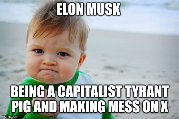 Success Kid Original | ELON MUSK; BEING A CAPITALIST TYRANT PIG AND MAKING MESS ON X | image tagged in memes,success kid original | made w/ Imgflip meme maker