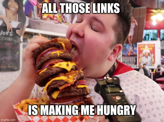 Nikocado eats big burger | ALL THOSE LINKS IS MAKING ME HUNGRY | image tagged in nikocado eats big burger | made w/ Imgflip meme maker