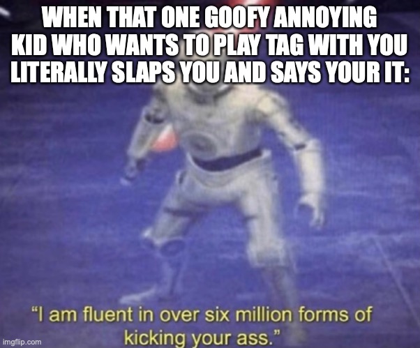 I WILL KEEL YOU | WHEN THAT ONE GOOFY ANNOYING KID WHO WANTS TO PLAY TAG WITH YOU LITERALLY SLAPS YOU AND SAYS YOUR IT: | image tagged in i am fluent in over six million forms of kicking your ass | made w/ Imgflip meme maker