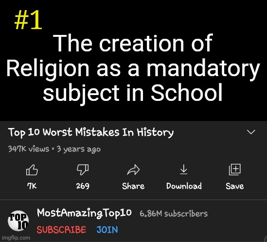 No offense to students who like Religion or Religion teachers | #1; The creation of Religion as a mandatory subject in School | image tagged in top 10 worst mistakes in history,memes,school,teachers,religion | made w/ Imgflip meme maker