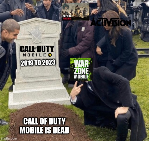 Grant Gustin over grave | 2019 TO 2023; CALL OF DUTY MOBILE IS DEAD | image tagged in grant gustin over grave | made w/ Imgflip meme maker