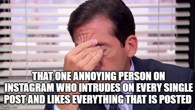 That one annoying person on Instagram | THAT ONE ANNOYING PERSON ON INSTAGRAM WHO INTRUDES ON EVERY SINGLE POST AND LIKES EVERYTHING THAT IS POSTED | image tagged in annoying | made w/ Imgflip meme maker