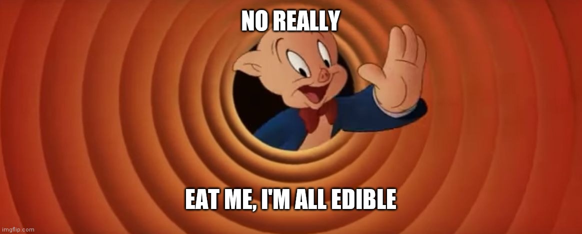 Porky Pig That's All Folks | NO REALLY EAT ME, I'M ALL EDIBLE | image tagged in porky pig that's all folks | made w/ Imgflip meme maker