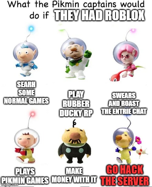 what would the captains do if they had roblox | THEY HAD ROBLOX; SWEARS AND ROAST THE ENTRIE CHAT; SEARH SOME NORMAL GAMES; PLAY RUBBER DUCKY RP; MAKE MONEY WITH IT; GO HACK THE SERVER; PLAYS PIKMIN GAMES | image tagged in what would the pikmin captains do if,pikmin,roblox,funny,so true memes | made w/ Imgflip meme maker