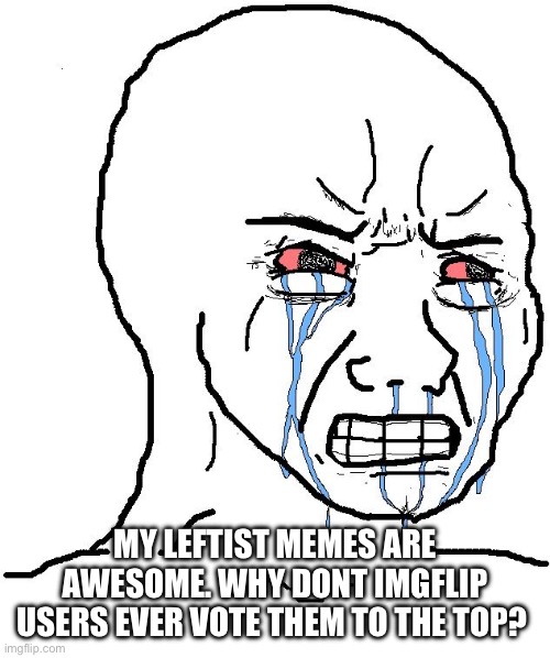 Crying wojack | MY LEFTIST MEMES ARE AWESOME. WHY DONT IMGFLIP USERS EVER VOTE THEM TO THE TOP? | image tagged in crying wojack | made w/ Imgflip meme maker