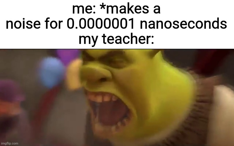 i know that its not ok to talk at lesson, but just making a noise is ok. idk why teachers are like that | me: *makes a noise for 0.0000001 nanoseconds
my teacher: | image tagged in shrek screaming | made w/ Imgflip meme maker