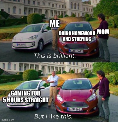This Is Brilliant But I Like This | ME; DOING HOMEWORK AND STUDYING; MOM; GAMING FOR 5 HOURS STRAIGHT | image tagged in this is brilliant but i like this | made w/ Imgflip meme maker