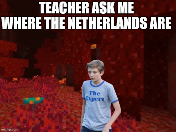 TEACHER ASK ME WHERE THE NETHERLANDS ARE | image tagged in minecraft,minecraft memes,netherlands,the expert,memes,school | made w/ Imgflip meme maker