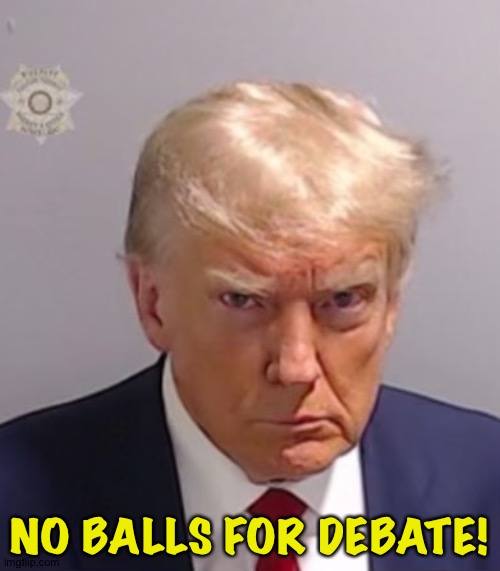 No balls, no guts. | NO BALLS FOR DEBATE! | image tagged in donald trump mugshot | made w/ Imgflip meme maker