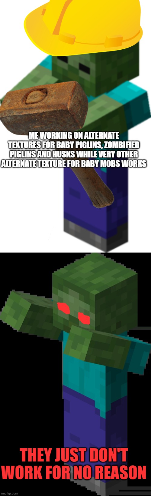 Why | ME WORKING ON ALTERNATE TEXTURES FOR BABY PIGLINS, ZOMBIFIED PIGLINS AND HUSKS WHILE VERY OTHER ALTERNATE TEXTURE FOR BABY MOBS WORKS; THEY JUST DON'T WORK FOR NO REASON | image tagged in minecraft zombie,mad minecraft zombie | made w/ Imgflip meme maker