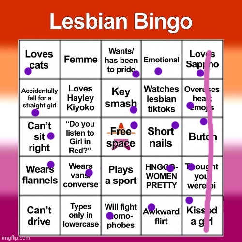 I prefer "Sapphic" bc I'm not a girl but I am essentially lesbian :/ | image tagged in lesbian bingo | made w/ Imgflip meme maker