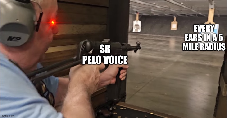 Sr pelo Voice | EVERY EARS IN A 5 MILE RADIUS; SR PELO VOICE | image tagged in someone emptying a mag | made w/ Imgflip meme maker