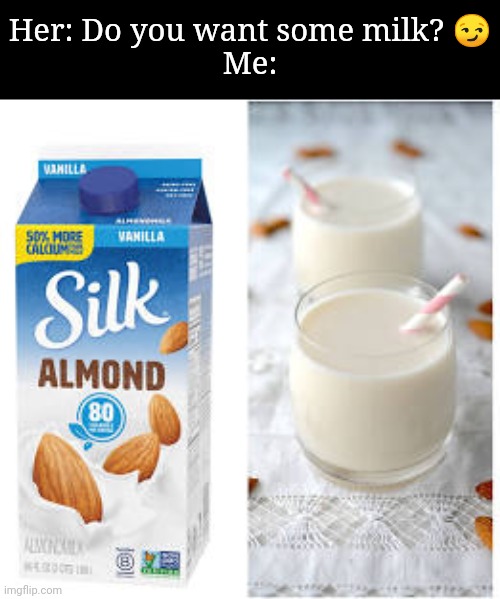 Almond milk | Her: Do you want some milk? 😏
Me: | image tagged in almond milk | made w/ Imgflip meme maker