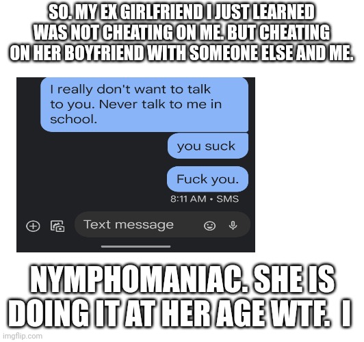 SO. MY EX GIRLFRIEND I JUST LEARNED WAS NOT CHEATING ON ME. BUT CHEATING ON HER BOYFRIEND WITH SOMEONE ELSE AND ME. NYMPHOMANIAC. SHE IS DOING IT AT HER AGE WTF.  I | made w/ Imgflip meme maker