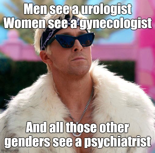 Two genders and a whole lot of crazy. | Men see a urologist
Women see a gynecologist; And all those other genders see a psychiatrist | image tagged in memes | made w/ Imgflip meme maker