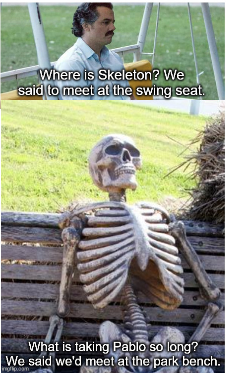 Confusion | Where is Skeleton? We said to meet at the swing seat. What is taking Pablo so long?
We said we'd meet at the park bench. | image tagged in blank white template,waiting,wrong place,skeleton,sad pablo escobar | made w/ Imgflip meme maker