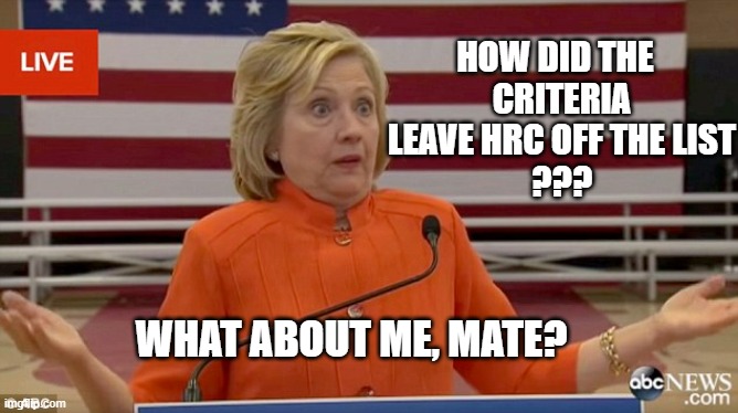 Hillary Clinton Fail | HOW DID THE  
CRITERIA
LEAVE HRC OFF THE LIST
??? WHAT ABOUT ME, MATE? | image tagged in hillary clinton fail | made w/ Imgflip meme maker