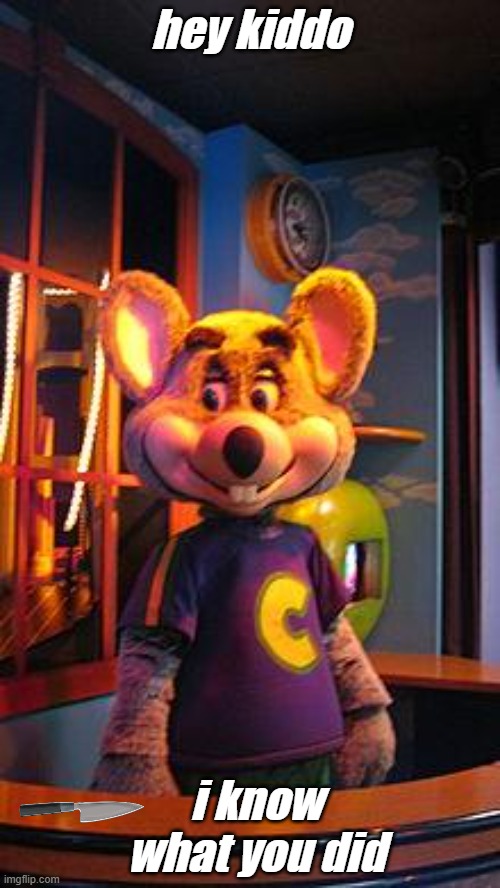 lol | hey kiddo; i know what you did | image tagged in chuck e cheese | made w/ Imgflip meme maker