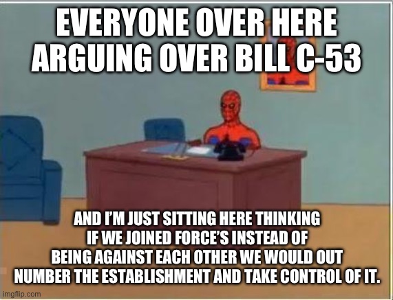 When in doubt revolution | EVERYONE OVER HERE ARGUING OVER BILL C-53; AND I’M JUST SITTING HERE THINKING IF WE JOINED FORCE’S INSTEAD OF BEING AGAINST EACH OTHER WE WOULD OUT NUMBER THE ESTABLISHMENT AND TAKE CONTROL OF IT. | image tagged in memes,spiderman computer desk,spiderman | made w/ Imgflip meme maker