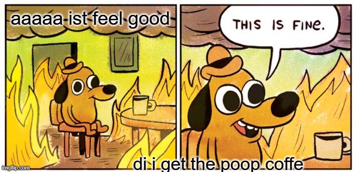 This Is Fine Meme | aaaaa ist feel good; di i get the poop coffe | image tagged in memes,this is fine | made w/ Imgflip meme maker