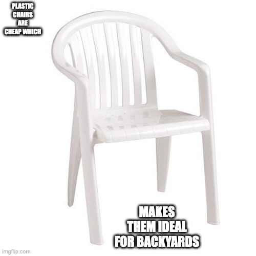 Plastic Chair | PLASTIC CHAIRS ARE CHEAP WHICH; MAKES THEM IDEAL FOR BACKYARDS | image tagged in chair,memes | made w/ Imgflip meme maker