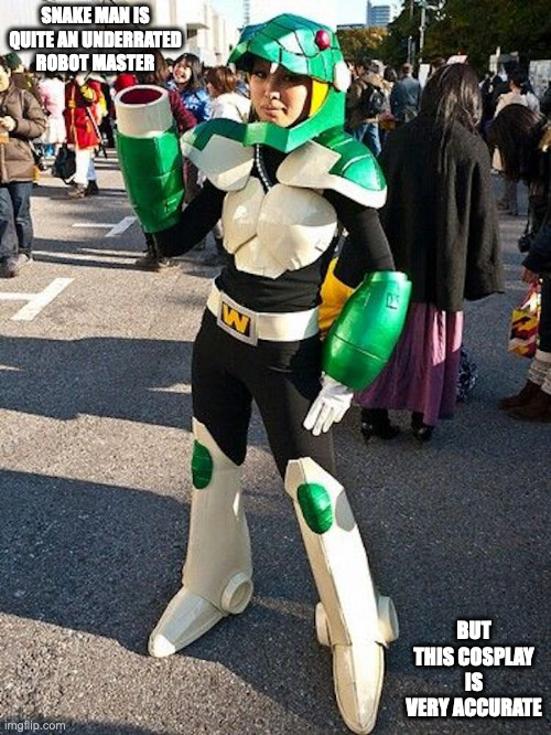 Snake Man Cosplay | SNAKE MAN IS QUITE AN UNDERRATED ROBOT MASTER; BUT THIS COSPLAY IS VERY ACCURATE | image tagged in megaman,cosplay,snakeman,memes | made w/ Imgflip meme maker