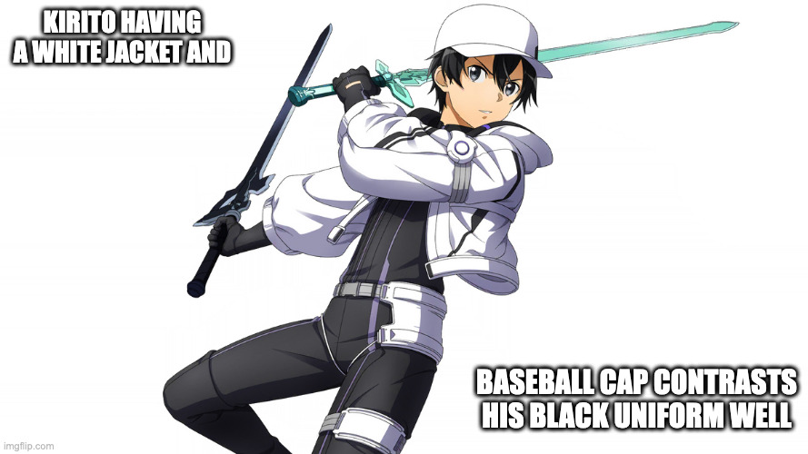 Kirito in Anniversary Attire (Credit to SinonVRC on DeviantArt) | KIRITO HAVING A WHITE JACKET AND; BASEBALL CAP CONTRASTS HIS BLACK UNIFORM WELL | image tagged in kirito,sword art online,memes | made w/ Imgflip meme maker