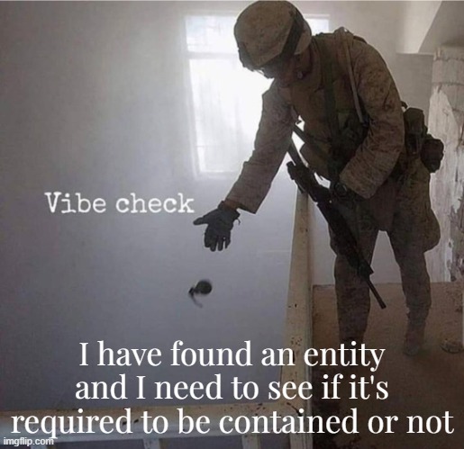I'll put the general details in comments if i remember | I have found an entity and I need to see if it's required to be contained or not | image tagged in vibe check grenade | made w/ Imgflip meme maker