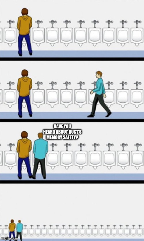Bathroom | HAVE YOU HEARD ABOUT RUST'S MEMORY SAFETY? | image tagged in bathroom | made w/ Imgflip meme maker