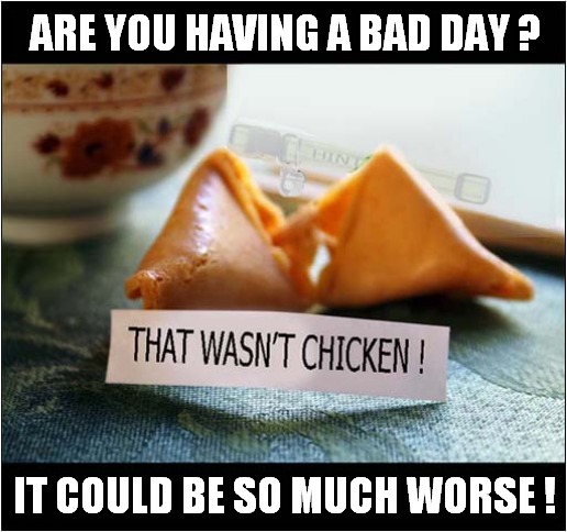 What Did I Eat ! | ARE YOU HAVING A BAD DAY ? IT COULD BE SO MUCH WORSE ! | image tagged in having a bad day,fortune cookie,mystery,meat,dark humour | made w/ Imgflip meme maker