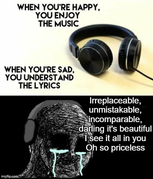 Who knows this awesome song by For King and Country? | Irreplaceable, unmistakable, incomparable, darling it's beautiful
I see it all in you
Oh so priceless | image tagged in when your sad you understand the lyrics,song,song lyrics | made w/ Imgflip meme maker