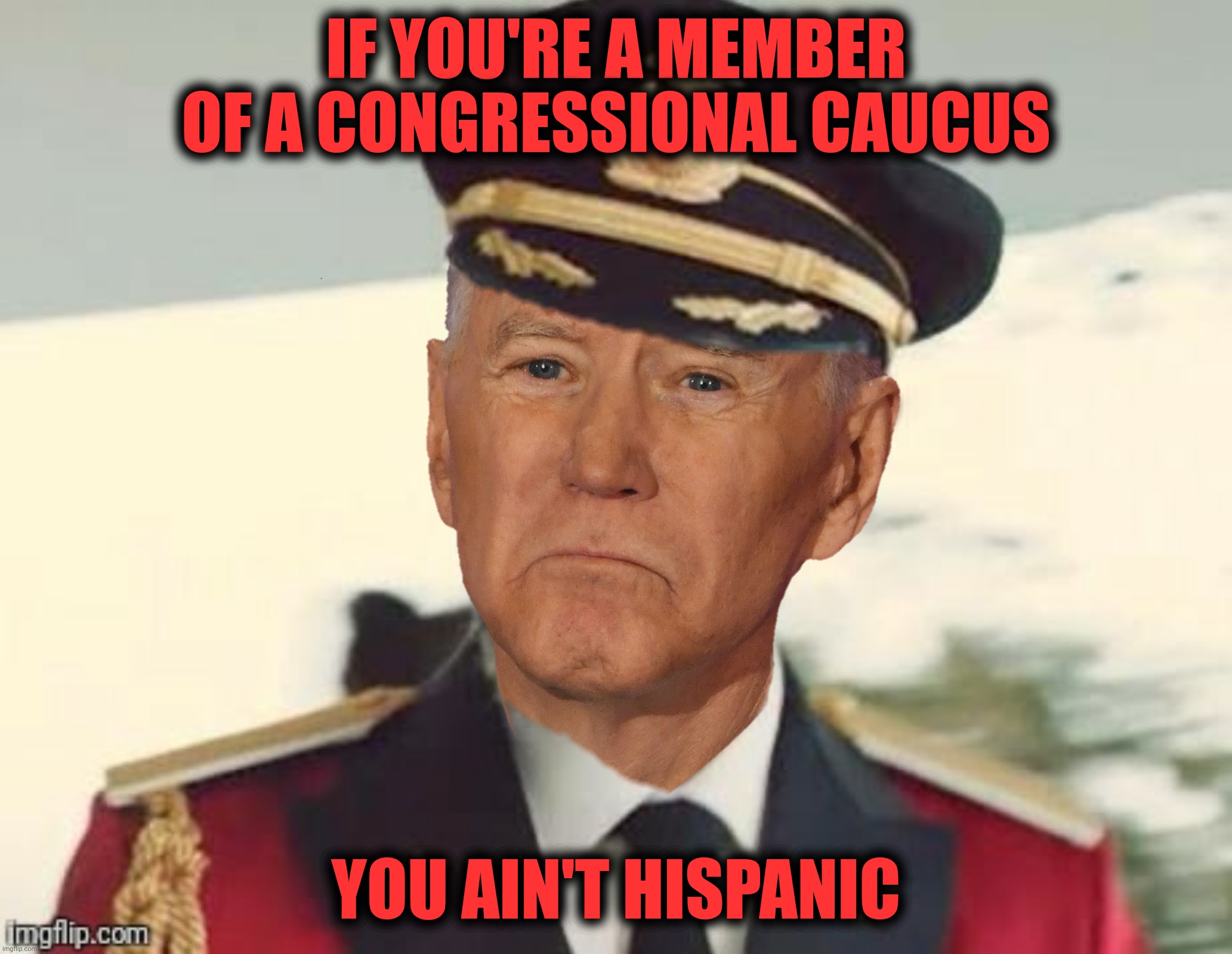 Bad Photoshop Sunday presents:  Captain Oblivious | IF YOU'RE A MEMBER OF A CONGRESSIONAL CAUCUS; YOU AIN'T HISPANIC | image tagged in bad photoshop sunday,joe biden,captain obvious,captain oblivious,black caucus,hispanic caucus | made w/ Imgflip meme maker