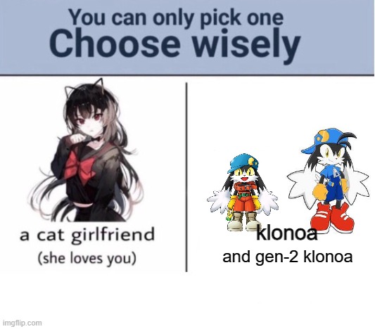 Choose wisely | klonoa; and gen-2 klonoa | image tagged in choose wisely | made w/ Imgflip meme maker