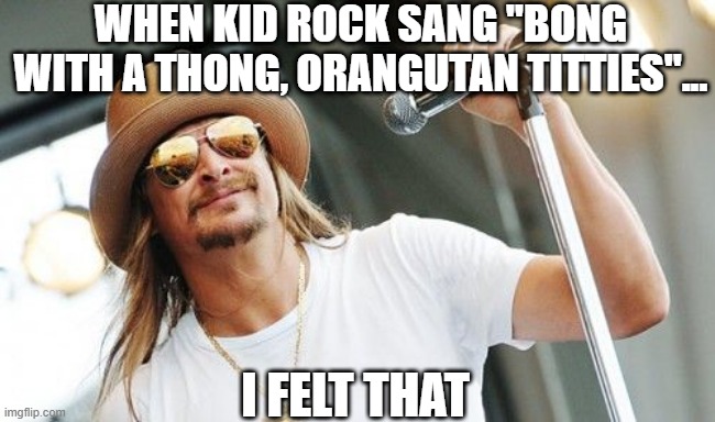 Kid Rock Sang... | WHEN KID ROCK SANG "BONG WITH A THONG, ORANGUTAN TITTIES"... I FELT THAT | image tagged in kid rock | made w/ Imgflip meme maker