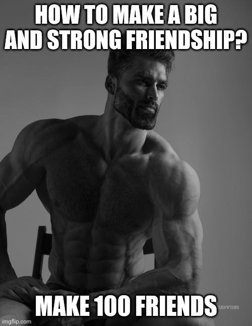 Only 50 friends can be boys. The other should be girls to avoid discrimination. | HOW TO MAKE A BIG AND STRONG FRIENDSHIP? MAKE 100 FRIENDS | image tagged in giga chad,friendship,memes,funny | made w/ Imgflip meme maker