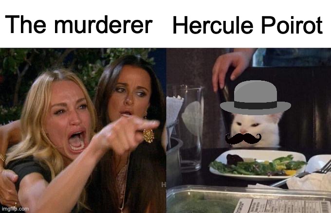 This is how a fair number of Poirot stories end. | The murderer; Hercule Poirot | image tagged in memes,woman yelling at cat,hercule poiroit | made w/ Imgflip meme maker