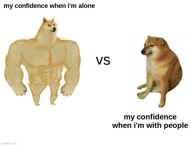 my confidence just jumps out of a window when i'm in a public place | my confidence when i'm alone; vs; my confidence when i'm with people | image tagged in memes,buff doge vs cheems | made w/ Imgflip meme maker