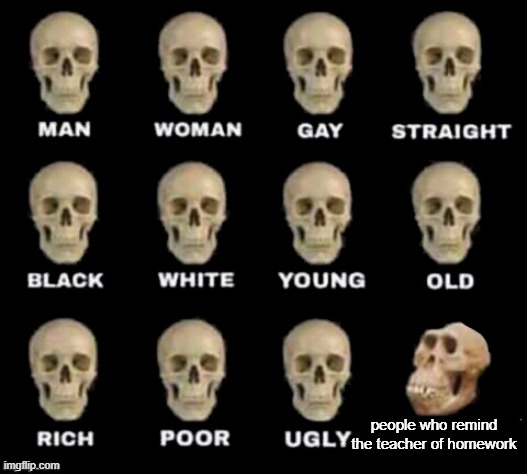if someone already made this, I didn't copy! | people who remind the teacher of homework | image tagged in idiot skull | made w/ Imgflip meme maker
